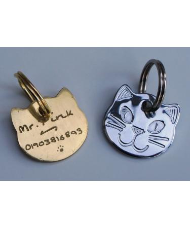 Paradise Pets Personalised Solid Chrome Durable Cat Head Pet ID Tag Disc WITH LONG LASTING DEEP HAND ENGRAVING - ENGRAVED FREE (SILVER)