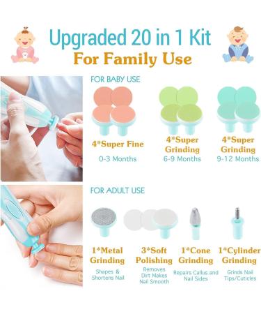 Zooawa Baby Nail Clipper 20 in 1 Electric Trimmer Kit for Newborns, Infants, Toddlers and Adults - Nail File with 12 Replacement Pads - Blue - Buy Online on SooperMarket.com
