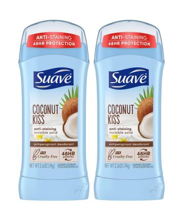 Suave Deodorant for Women Coconut Kiss Invisible Solid Antiperspirant Deodorant Stick 48H Protection Anti-Staining Cruelty-Free Scented 2.6 Oz (Pack of 2) Coconut 2.51 Ounce (Pack of 2)