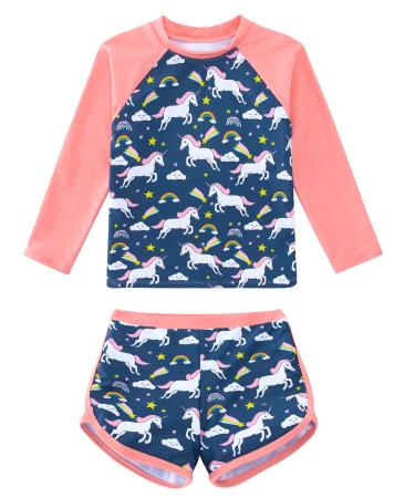 TUONROAD Girls Swimming Costume Toddler Baby Kids Two Piece Long Sleeve Swimsuit UPF 50+ Protection Bathing Suit Swim Set for 4-10 Years 5-6 Years Pink Unicorn