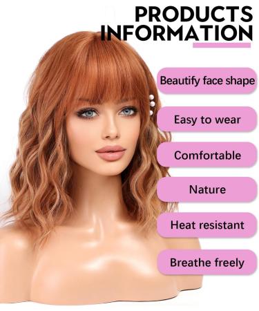 Wokestar Ginger Highlights Bob Wig | Curly Wavy Synthetic Wig with Neat Fringe for Women - Buy Online on SooperMarket.com