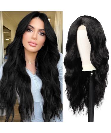 Long Black Wavy Wig for Women 24 Inch Middle Part Curly Synthetic Hair Natural Looking Heat Resistant Fiber for Daily Party Use (Black)