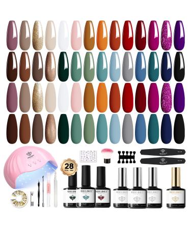 Modelones Gel Nail Kit 28 Colors Fall Winter Gel Nail Polish Set with Lamp Starter Kit No Wipe Base & Top Coat Bond Primer Diy Home Nail Curing Gifts For Women Green Red