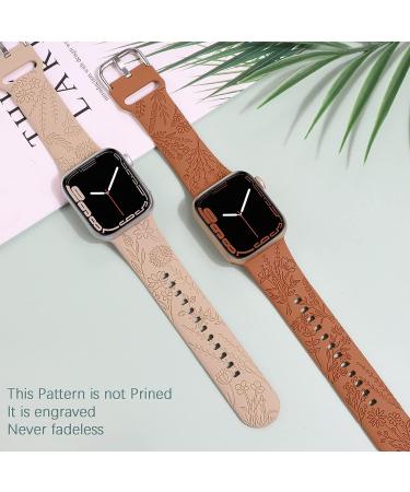 Flower Engraved Silicone Band Compatible with Apple Watch Bands 38mm 40mm 41mm  Cute Women Wildflowers Floral Design Soft Sport Strap Replacement Wristbands for iWatch Series 8 7/SE/6/5/4/3/2/1 38/40/41mm Walnut Brown Brown - Buy Online on SooperMarket.com