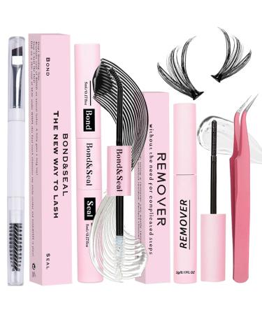 Qiveaory Lash Bond and Seal Kit 4 Pcs DIY Lash Extension with Waterproof Lashe Cluster Glue 72h Hold and Seal Lash Remover Tweezers Portable Eyelash Brush with Cap for Eyelash Extensions Beginners