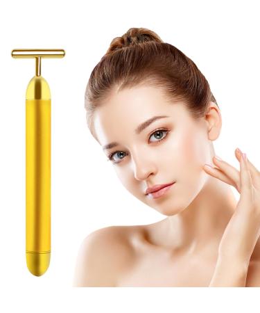Aubric Face Massager Electric Beauty Bar 24k Golden Facial Massage Tool T-Shape Electric Vibrating Wand Face Neck Skin Firming Lifting Tighting Wrinkles Reducing Body Treatment Anti Aging Device T Bar
