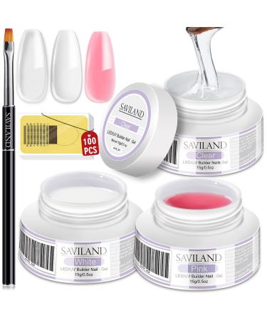 Saviland Builder Nail Gel Set - Nail Extension Gel Kit 3 Colors Clear Pink White Hard Gel Nail Strengthen Nail Art Manicure Set with Nail Forms Nail Brush Nail Supplies for Beginners