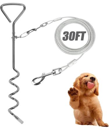 GENCAM Dog Tie Out Cable and Stake for Dogs Dog Tie Out Cable with Spiral Ground Stake Outdoor Dog Camping Tie Out Dog Lead Hook Leash for Dogs (10m)