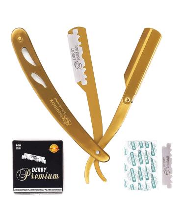 Equinox Professional Straight Edge Razor with 100 Single Derby Straight Razor Blades-Barber Straight Razor-Close Shaving Men's Manual Shaver-Disposable Straight Razor Blades-Straight Razor Kit Gold w/ 100 derby premium blades