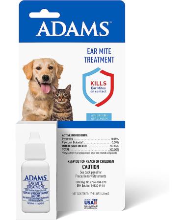 Adams Ear Mite Treatment For Dogs and Cats Over 12 Weeks, Kills Ear Mites On Contact, Relief For Dogs and Cats Suffering From Ear Mites, Soothing Aloe and Lanolin Formula .5 Fl Oz
