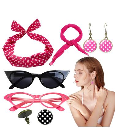 50s Accessories for Women | Headband Drop Earrings Set for 1950s Outfits Print Dangle Earrings with Vintage Hair Bands Chiffon Scarf Cat Eye Glasses Hot Pink One Size