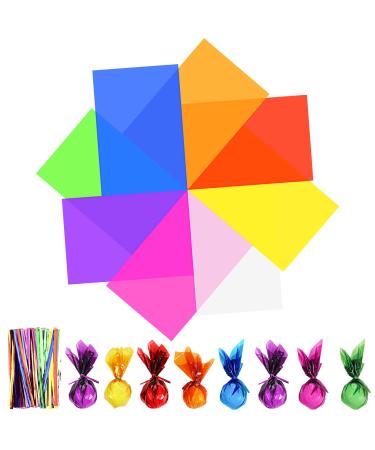 Tallew 16 Pcs 28 x 40 Inch Cellophane Sheets Cello Wraps Colored Cellophane Paper Transparent Colored Gift Wrap Cellophane with 240 Pcs Metallic Twist Ties, for DIY Arts Crafts Gifts Wrapping