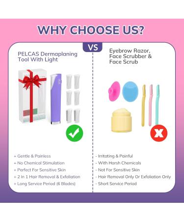 PELCAS Electric Dermaplaning Tool with LED Light - Mini Facial Razor 3 Speeds for Peach Fuzz & Exfoliation - At Home Hair Removal System for Women - 6 Blades BV18-712 Purple - Buy Online on SooperMarket.com