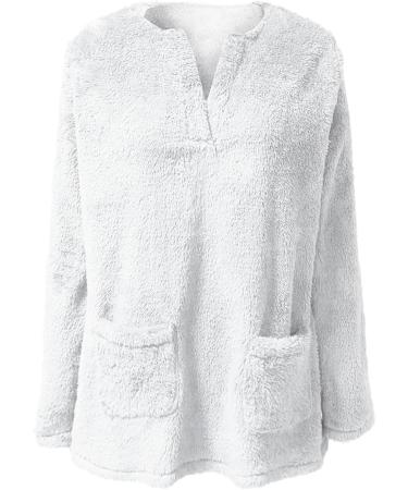 AMhomely Women's Plus Size Teddy Fleece Hoodie - Double Fleece Casual Pullover with Pocket | V-Neck Sweatshirt for Winter | Lightweight Lounge Top - White, Size M - Buy Online on SooperMarket.com