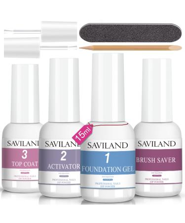 Saviland 4pcs 15ml Dipping Powder Liquid Set, Dip Powder Activator Base Top Coat and Brush Saver for Dip Powder Nail Kit,No Need Curing, Good for Nail Salon and Nail Beginners 15ML - Dip Powder Liquid Set