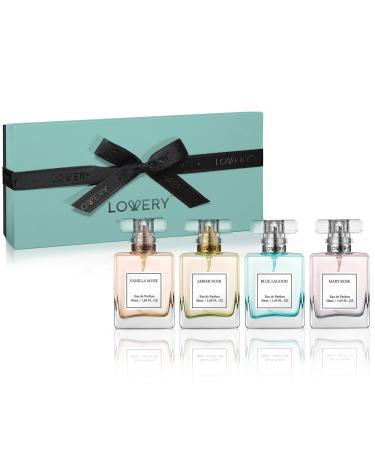 Valentines Gifts for Women Perfume for Women Women's Perfume Gift Set - 4pc Sampler With Vanilla Musk Amber Noir Blue Lagoon & Mary Rose Fragrances - Large Bottle of Floral Parfum Made in France Teal Set