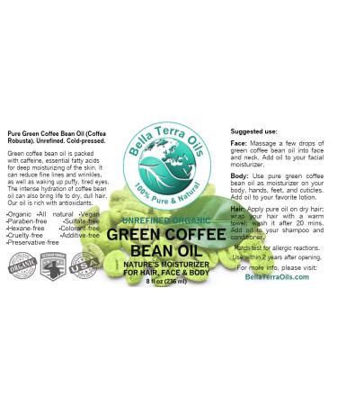Organic Green Coffee Bean Oil 8 oz - Cold-Pressed, Unrefined, 100% Pure - Antioxidant-Rich Natural Moisturizer for Face and Body - Buy Online on SooperMarket.com