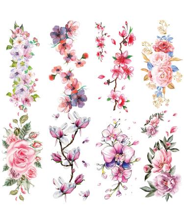 Oottati 8 sheets Waterproof Temporary Tattoo Stickers Pink Flower Rose suit for Women Arm Leg Stylish and Long-Lasting Arm Jewelry RKL-QC-B