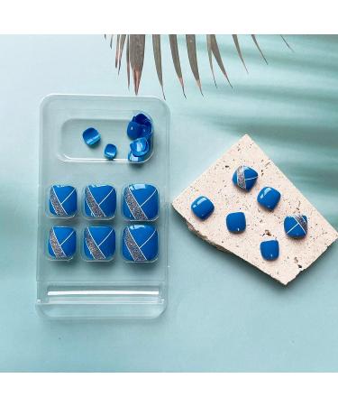 Silver Glitter Short False Toe Nails with Line Design - Cute Square Acrylic Press-on Toenails for Women - Buy Online on SooperMarket.com