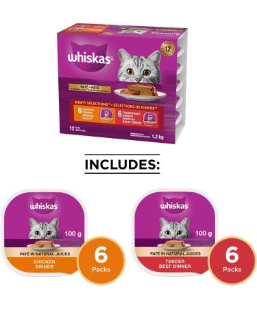 WHISKAS Meaty Selections Adult Wet Cat Food Pat - 6 Chicken 6 Beef 12x100g Tray Beef Chicken Chicken - Beef 100 g (Pack of 12) - Buy Online on SooperMarket.com