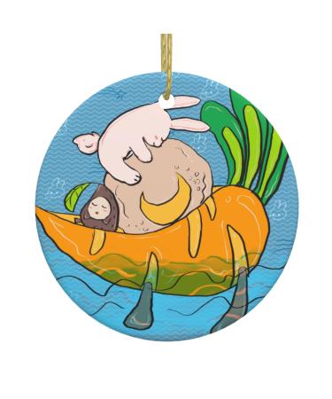 YYHHAOFA Sunflower Seeds and Rabbits Prints Christmas Ceramic Round Pendant Decoration - Festive Hanging Ornament for Stores and Homes -2.9 in