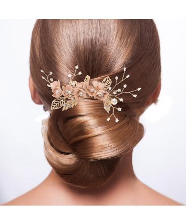 STOBOK Pack of 4 Vintage Gold Flower Pearl Hair Comb Crystal Hairpins Bridal Headpieces Wedding Hair Accessories for Women - Pink Flower - Buy Online on SooperMarket.com