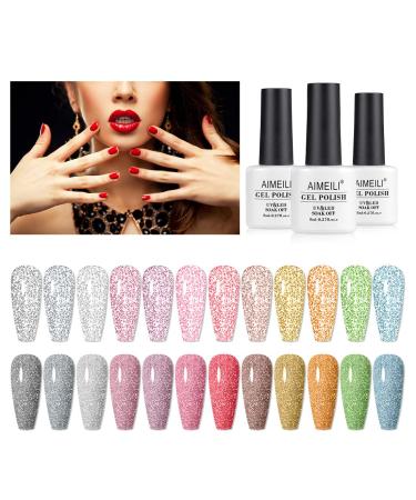 AIMEILI Reflective Glitter Gel Nail Polish 8ml 12 Colours Glitter Gel Polish Soak Off UV LED Holographics Sparkly Shinny Effect Gel Nail Varnish Manicure Gift Set Kit 7 KIT12-7_8ML 0.67 ml (Pack of 12)