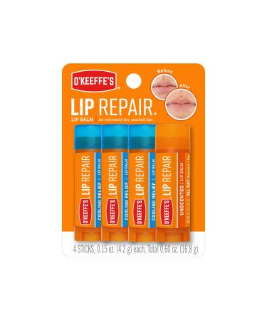 O'Keeffe's Lip Repair Lip Balm for Dry, Cracked Lips, Stick, (Pack of 4: 3 Cooling + 1 Unscented)