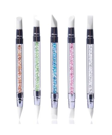 Sularpek 5Pcs Silicone Nail Art Acrylic Pen Brushes, Rhinestone Handle Double-Ended Nail Art Pen, for Design Nail Foil Carving Drawing and 3D Effect Shaping Drawing Dotting Tools