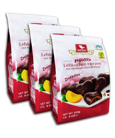 Pack of 3 white 300g filled dark chocolate gingerbread hearts with apricot filling 3x 300g