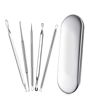 Blackhead remover Acne treatment Pimple Popper Face Skin Care Kit Professional Comedone Blemish Zit Whitehead Scar Extractor 5 Piece Surgical Grade Stainless Steel Tools & Travel Case (silver)