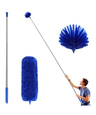 Ceiling Fan Duster with Extension Pole, Cobweb & Corner Brush Cleaning Kit w 2 Duster Heads for Cleaning,15- 100 Inch Long Handle Aluminum Telescoping Pole, Washable(Blue)