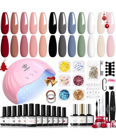 Modelones Gel Nail Kit - 12 Colors White Black Gel Nail Polish Kit Nude Red Gel Nail Polish Set with Lamp Starter Kit 48W Nail Lamp Base Coat Top Coat Manicure Tools Nail Art DIY at Home Gray