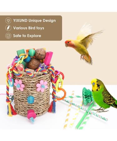 YIXUND Seagrass Foraging Basket Bird Toy with Colorful Crinkly Paper and Wooden Blocks - Ideal for Small & Medium Parrots - DIY Honeycomb Tree Design - Buy Online on SooperMarket.com