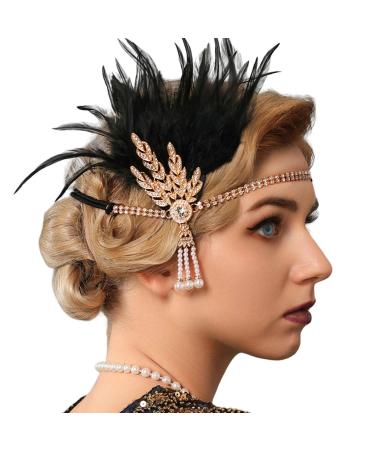 Handcess 1920s Flapper Feather Headband Black Feather Crystal Headband Women's Vintage Pearl Flapper Headpiece 20's Theme Cocktail Hair Accessories for Costume Prom Carnival Party