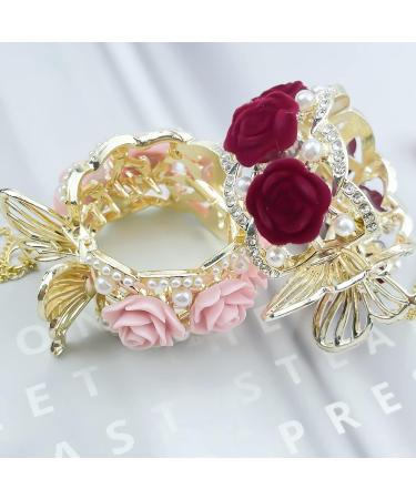 3 Pcs Rose Flower Tassel Ponytail Hair Clips | Vintage High Ponytail Hair Barrettes with Pearl Rhinestone Metal | Chinese Decorative Accessories for Bride Women Girls - Buy Online on SooperMarket.com