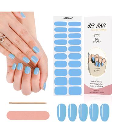 Kalolary 20PCS Nail Adhesive Wrap Nail Gel Polish Strips Full Wraps Nail Polish Stickers Cured Gel Nail Strips Self-Adhesive Gel Nail Wrap Stickers Decals(UV/LED Lamp Required) (Sky Blue)