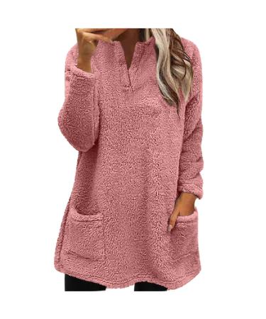 AMhomely Ladies Womens Soft Teddy Fleece Hooded Jumper Plus Size Double Fleece Casual Hoodies With Pocket V Neck Soft Fleece Hooded Sweatshirts Plain Pullover Tops Winter Lightweight Lounge Tops 03 Wine M