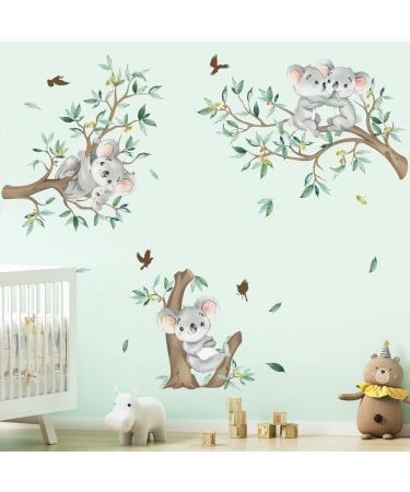decalmile Koala Tree Branch Wall Decals Green Tree Leaves Wall Stickers Baby Nursery Kids Bedroom Living Room Wall Decor