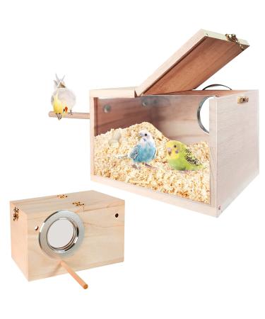 NEOGULY Parakeet Nesting Box Transparent Bird Box Bird Nests for Cages Nest Box with Perch Wood Bird Cage House for Lovebirds Cockatiel Budgie Conure Parrot S-18.8*12*12CM