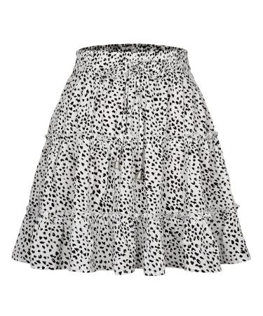 LAEMILIA Womens Elastic Waist Flared Short Skirt Floral Print Pleated Mini Skater Skirt with Drawstring XXL White2