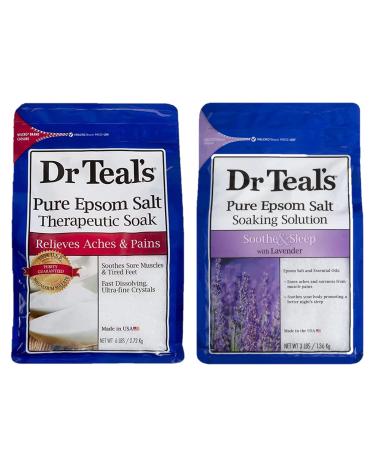 Dr. Teal's Pain Relief Variety Gift Set - Unscented Therapeutic Soak & Soothe and Sleep Lavender Soak (2 Pack 9lb Total) - Pure Epsom Salt & Essential Oils Relax Sore Muscles & Promote Better Sleep