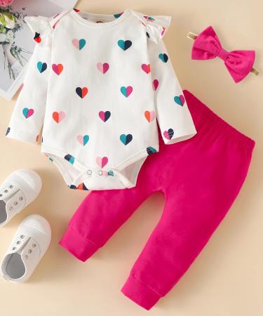 Koonde Baby Girl 3-Piece Outfit Set | Romper, Trouser & Headband | Cream Heart + Magenta | Sizes Newborn to 24 Months - Buy Online on SooperMarket.com