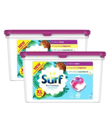 Surf 3-in-1 Washing Detergent Capsules Coconut Bliss Long Lasting Fragrance and Made with Natural Essential Oil Laundry Detergent XL Pack 45 Washes (Pack of 2)