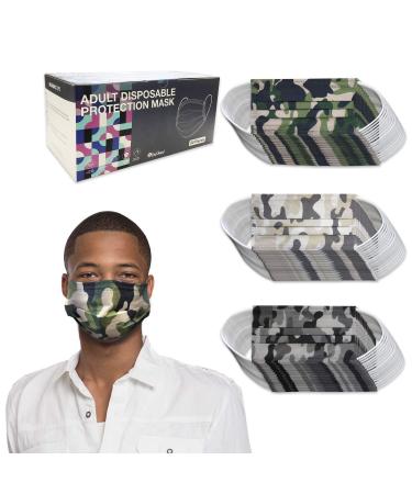 50 Pieces Adult Disposable Face Masks Single Use Effective, Soft on Skin, Bulk Pack 3-Ply Masks Facial Cover with Elastic Ear Loops For Home, Office, School, and Outdoors (Mix Camo Colors)