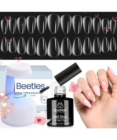 Beetles Gel Nail Kit Easy Nail Extension Set with 500Pcs Soft Gel Nail Tips Short Almond Shape 5 In 1 Nail Glue Base Gel and Innovative Uv Led Lamp Easy Diy Nails Art Home Acrylic False Nail Tips Kit 1-Short Almond 500PCS(clear kit)