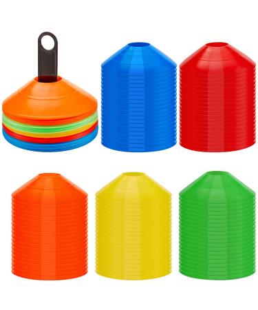 Set of 100 Soccer Cones Disc Cones Soccer Agility Cones Sports Training Cones Multicolor Field Marker Plastic Cones with 2 Holder for Kids Football Basketball Lacrosse Tennis Practice Equipment