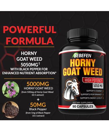 Horny Goat Weed Capsules 5050mg with Black Pepper Extract - 90 Capsules for Energy & Performance - 3 Month Supply - Buy Online on SooperMarket.com