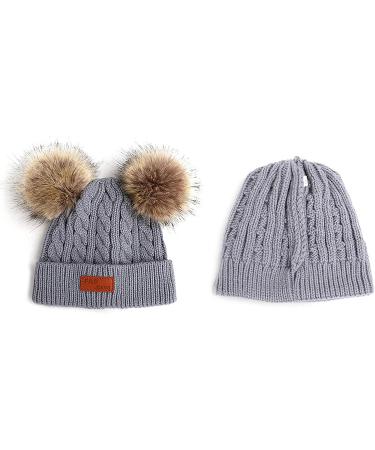 Baby Pom Pom Hat - Infant Winter Beanie Cap in Grey for Boys and Girls - Crochet Fur Hairball Toddler Hat - Buy Online on SooperMarket.com