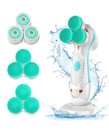 3D Facial Cleansing Brush Electric Face Scrubber with 3 Replacement Heads for Deep Cleaning|Gentle Exfoliate|Tighten Skin (Blue)